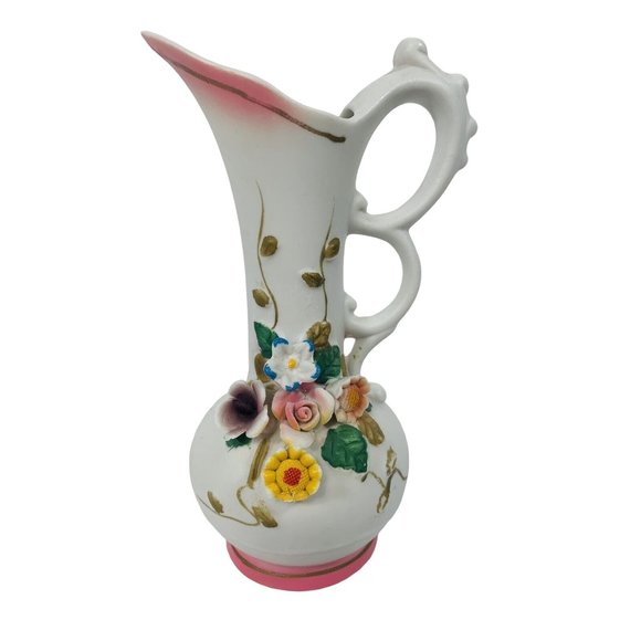 Vintage Interpur R.O.C. 3D Ceramic Victorian Applied Flower Vase Pitcher Set - Picture 8 of 12